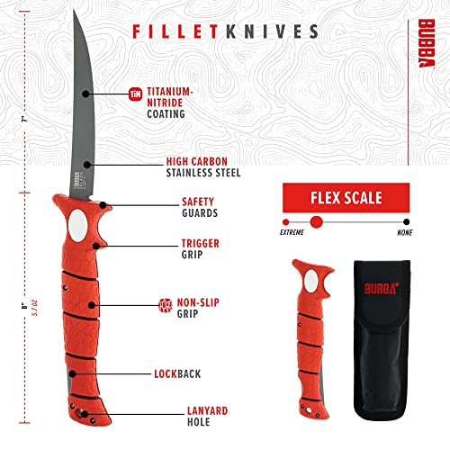 Bubba 7" Tapered Flex Folding Knife With Non-Slip Grip Handle, Offset Full Tang Stainless Steel Blade, Lanyard Hole And Synthetic Sheath For Fishing #TOP2