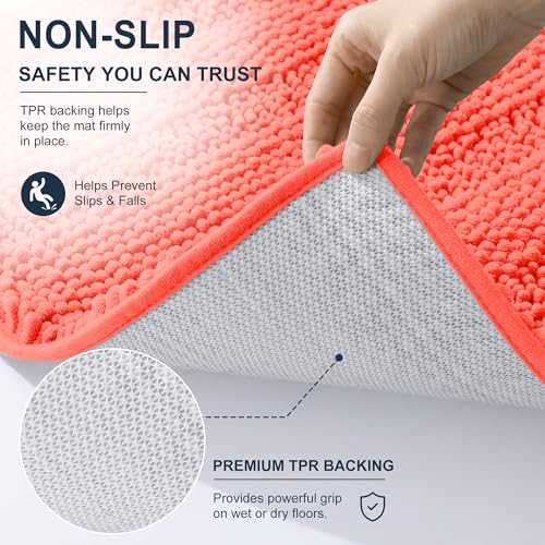 Image of Smiry Thick Chenille Bathroom Runner Rugs 44x24, Extra Absorbent Striped Bath Mat, Machine Washable, Rubber Backing, Long Bath Rugs for Tub & Shower, Modern Home Decor Accessories, Coral