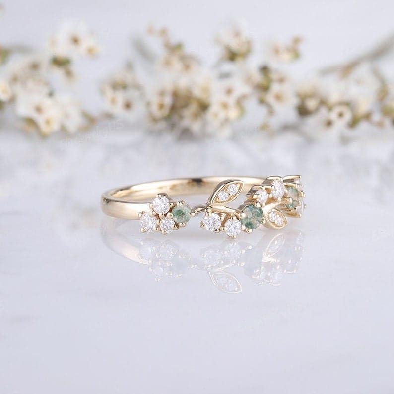 Leaf moss agate wedding band wedding band unique green agate ring nature inspired leaf floral ring Moss agate & Cz ring for women