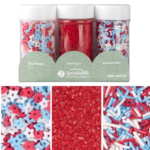 Image of Sweets Indeed Dye Free 4th of July Sprinkles 3-Pack Set - Patriotic Sanding Sugar, Jimmies Mix and Star Sprinkles with No Artificial Dyes for Baking & Decorating Cupcakes, Cookies, Cakes & Desserts - 7.48 ounces