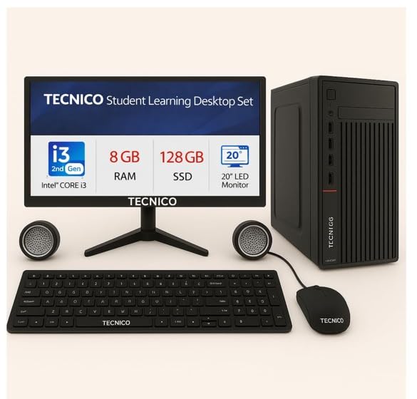 TECNICO Student Learning Desktop Set, 20" HD All-in-One Computer, Core i3 2nd Gen, 8 GB DDR3 RAM, 128 GB SSD, 20" LED Monitor, Keyboard & Mouse,Speaker, WiFi, 2 Years Warranty