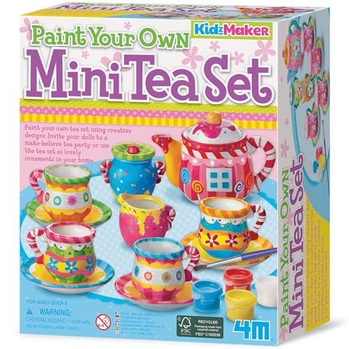 4M: KidzMaker - Paint Your Own Mini Tea Set - DIY Porcelain Painting Craft Kit, Teapot-Cups-Milk Jug-Sugar Bowl, Personalize Your Art Designs, Kids 8+