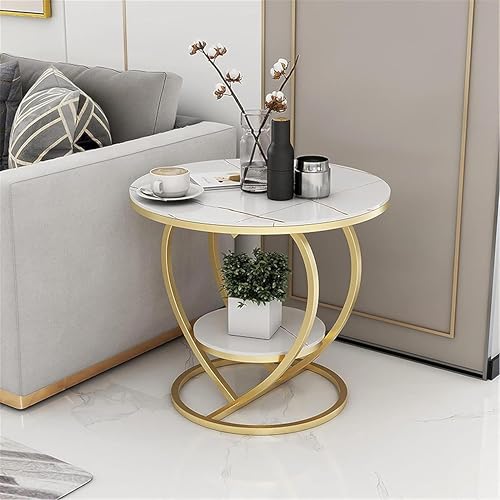 Image of Modern Round Side Table with Marble Finish Top & Metal Frame | Stylish Sofa Side Table with Bottom Shelf for Living Room, Bedroom & Office Decor (White Gold)