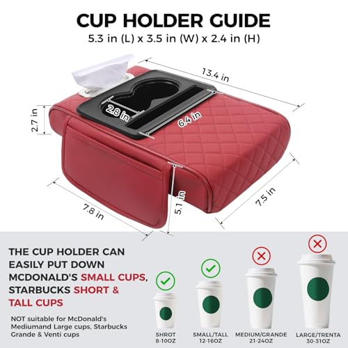 Image of FREESOO Car Center Console Cover, Leather Armrest Cover for Car, Universal Middle Console Cushion With Storage Box, Cup Holder, Tissue Box, Phone Slot, Luxury Waterproof Interior Accessories, Wine Red