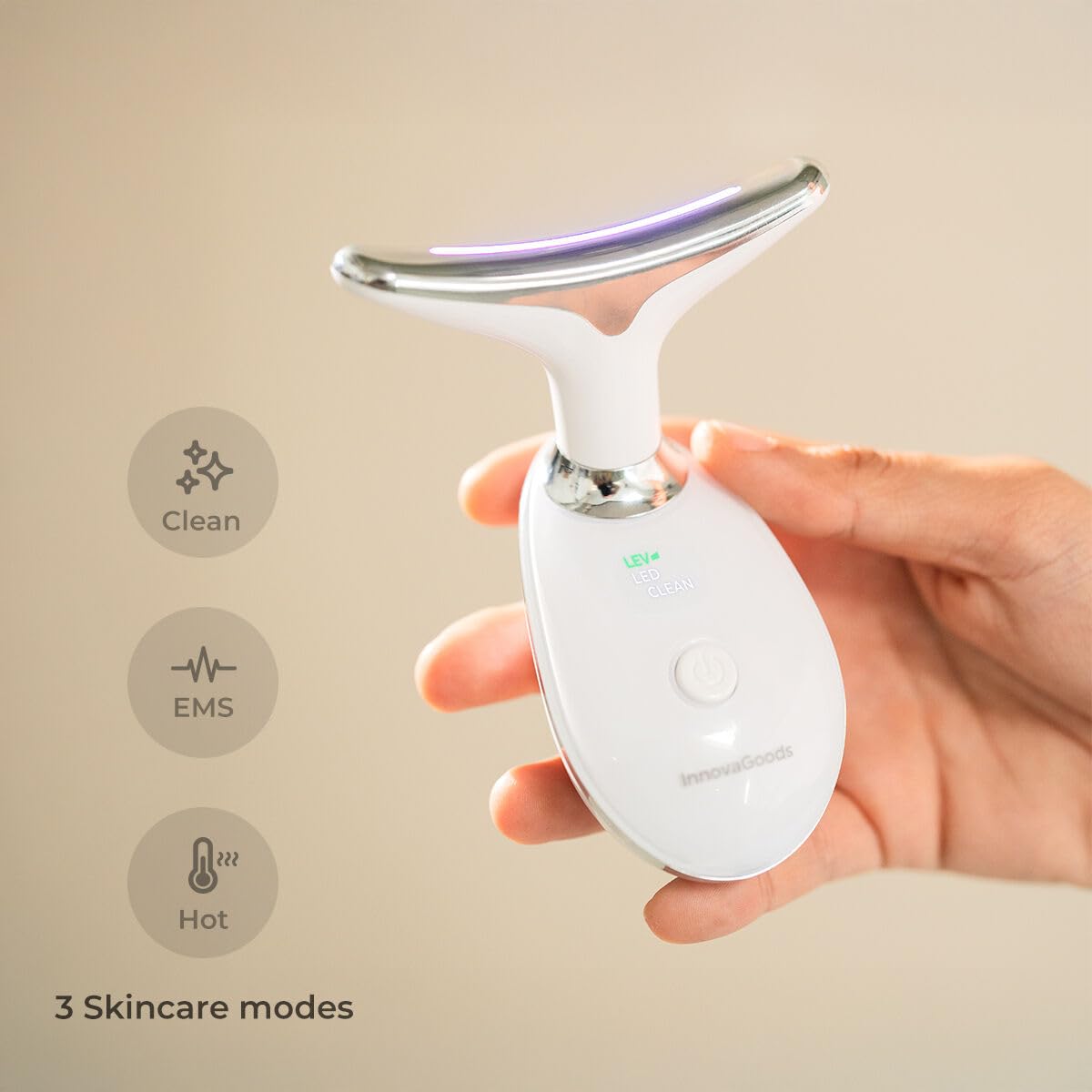 InnovaGoods - Confezione massaggiatore viso elettrico rassodante per viso e collo con LED, EMS e calore, siero viso Rice Joyboost 30 ml e crema viso idratante Rice Joycare 50 ml