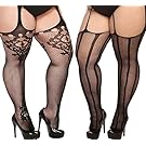 TGD Womens Plus Size Fishnet Stockings Tights Suspender Pantyhose Thigh High Stocking Black 2-Pairs