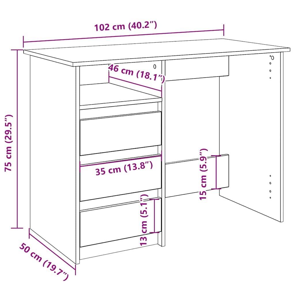 Escritorio de madera de roble Artisan, 102 x 50 x 75 cm, mesa de ordenador y mesa de oficina con amplia superficie de trabajo para oficina en casa, estudio, oficina y sala de estudio