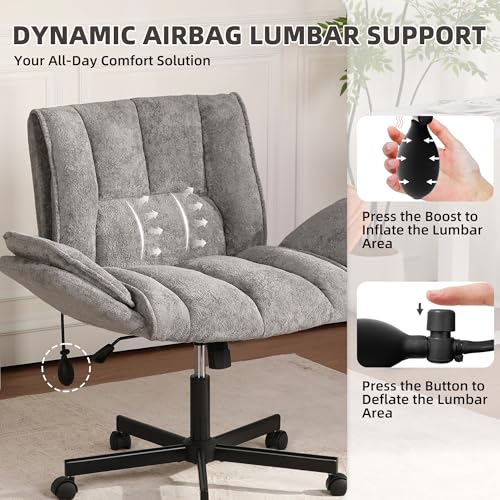 Image of Criss Cross Chair with Wheels & Outward-Folding Arms, Cross Legged Office Chair, Built-in Dynamic Airbag Lumbar Support, Wide Seat Desk Chairs for Home Office, Apartment, Vanity, Gray