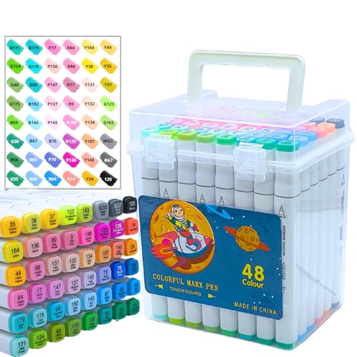 Conjunto de Marcadores Brancos Pontas Duplas Finas e Chanfradas Com Estojo Branco, Para Adultos e Iniciantes, Canetas Marcadoras Permanentes à Base de Álcool para Colorir e Desenhar (48 cores B)