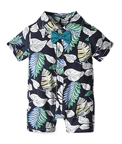 Image of Symunnia Newborn Baby Boy Summer Romper Short Sleeve Gentlemen Hawaiian Floral Jumpsuit Button-Down Bodysuit