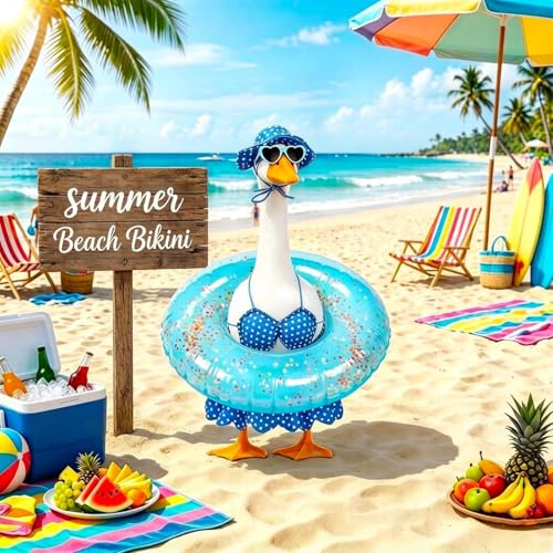 yuboo Hawaiian Porch Goose Outfits, 5 Pcs Summer Bikini Goose Outfit Fits 23 Inch Goose Statue with Sunglasses, Swimming Ring, Hat and Skirt for Pool Party Cement Garden Yard Decor — view 5