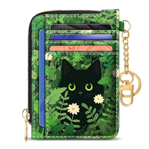 Image of GIANCOMICS Slim Wallet Credit Card Holder Women, Black Cat Flower Rfid Blocking Small Card Case, Keychain Thin Pocket Curved Zipper Wallet, Travel Card Holder PU Leather ID Window, Ladies Female Gift