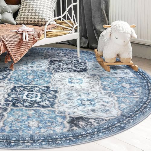 KILOCOCO Moroccan Super Soft Round Rug 5Ft, Washable Kitchen Rug Non-Slip Soft Circle Rug, Blue Entryway Rugs Abstract Print Faux Wool Doormat for Dining Room Bedroom, Blue/Multi