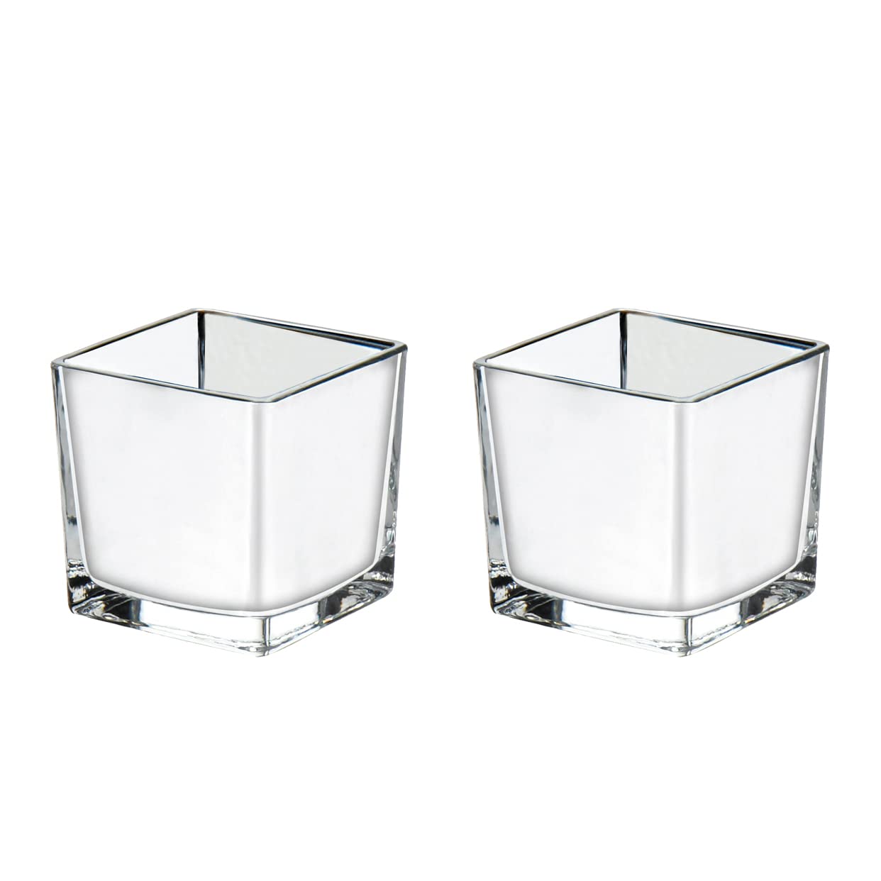 Silver Square Glass Vase Cube Flower Vases Arrangements for Wedding Event Party Christmas Centerpiece Home Decor, 4" x 4", Set of 2