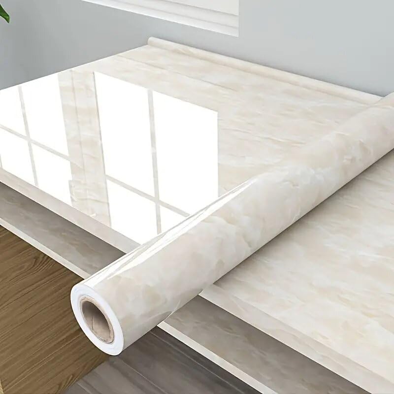 HAPPYMATES Marble Wallpaper Peel and Stick Waterproof Wallpaper for Home Kitchen Countertop Cabinet Furniture Oil Proof Kitchen Stickers (24X96, Cream&White Marble)