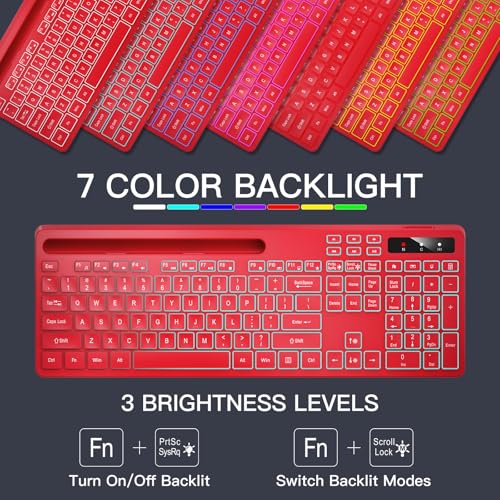 Image of Soueto Wireless Keyboard with 7-Color RGB Backlit, Full-Size Computer Keyboard with Phone Tablet Holder, 2.4G Rechargeable Gaming Keyboard with Light Up Keys, Compatible with Mac, Windows (Red)