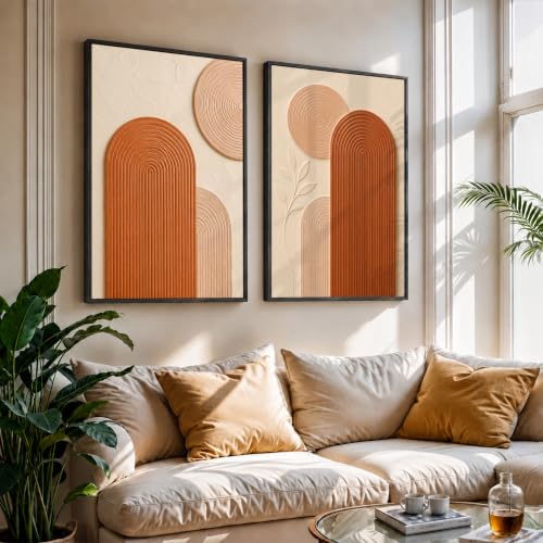 Image of NoWorries Abstract Arch Wall Painting Set of 2 with Frame | Terracotta Beige Geometric Texture Artwork, Modern Minimal Boho Wall Decor for Living Room, Bedroom, Office and Home Decoration (Art-19, 25x37inch)