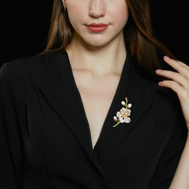 Image of 14K Gold Graceful Vintage Chinese Style Brooch Pin for Women, Freshwater Pearl Magnolia Flower Pink /White Pin, Ideal for Traditional Events, Women's Brooches & Pins