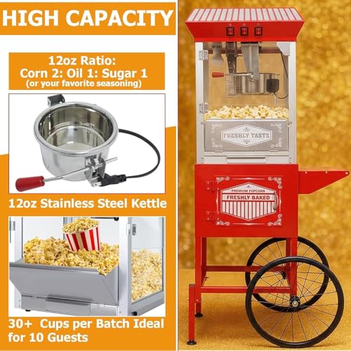 Image of Commercial Popcorn Machine with Cart & Wheels - 12 Oz Stainless Steel Kettle Makes 48 Cups, Portable Retro Cart for School, Church, Party, Carnival, Movie Theater, Concession & Home Use (Red)