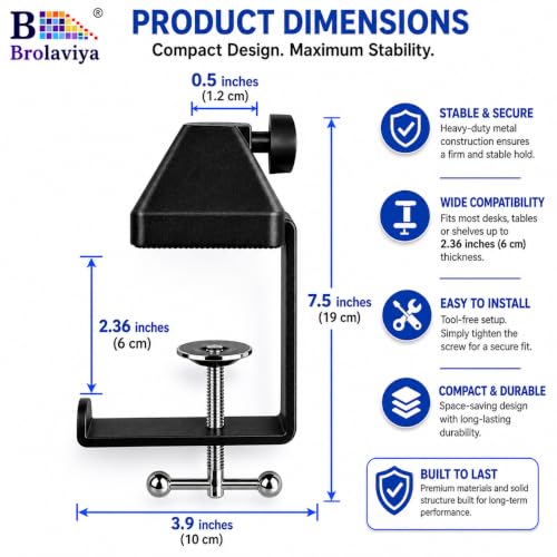 Image of BROLAVIYA Heavy Duty Desk Clamp Mount with Headphone Hook, Metal Table C Clamp Base, Universal Mic Boom and Scissor Base for Scissor Arms, Low Profile Arms, Fits Up to 2.36 inch 6cm Thickness