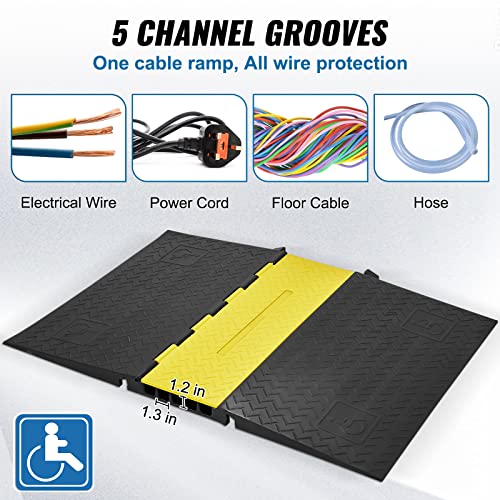 Image of VEVOR 5 Channel Rubber Cable Protector Ramp, Heavy Duty 22000 lbs /axle Capacity Wire Hose Cord Cover Ramp, ADA Compliant Driveway Road Hump, Traffic Speed Bump w /Flip-Open Top Cover