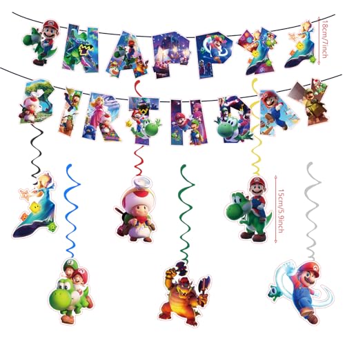 For Latest Mario Happy Birthday Banner Party Decoration With 6 Vortex Decorative Pendants