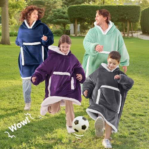JOYWOO Purple Kids Wearable Blanket Hoodie, Oversized Cat lovers Hoodie Blanket for kids & Teens,Birthday Gifts for Girl Boys,Cozy Fuzzy Sherpa Fleece Blanket Giant Pocket Winter Gifts,Dark Purple