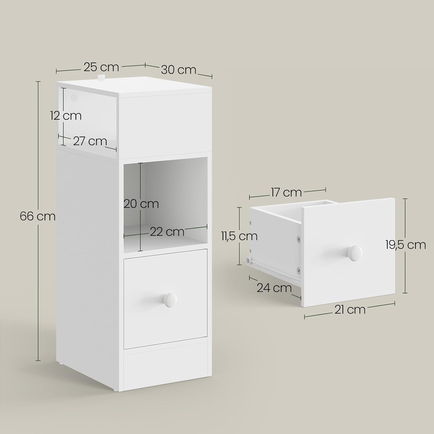 EUGAD Lot de 2 Tables de Chevet Étroite, Tables de Nuit avec 2 Compartiments Ouverts et 1 Tiroir, 25x30x66cm, Compact, pour Chambre à Coucher, Salon, en Aggloméré, Blanc, 0179ZZ-2