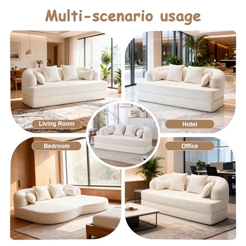 2-in-1 Convertible Curved Sofa Bed, Black Teddy Fleece Fold Out Floor Couch, 30D High Resilience Foam Modular Sleeper Sofa, No Assembly Floor Sofa for Living Room Bedroom Apartment Hotel Office - Image 5