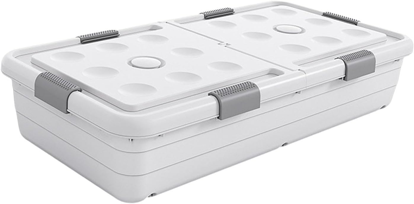 Under Bed Storage Box Rolling Storage Bin Multifunctional with Lid Container Organizer for Dormitory Bedroom Towels Blankets, White, Height 16cm