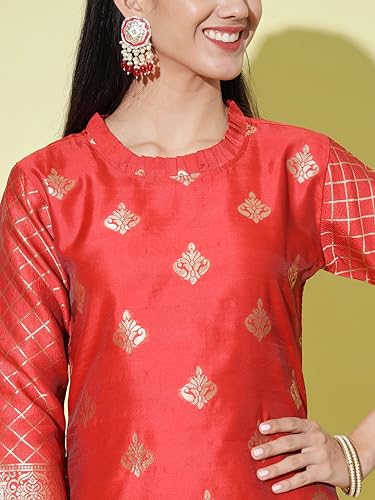 Image of VredeVogel Women's Cotton Silk Jacquard, Banarasi Silk Kurta Pant With Dupatta Set