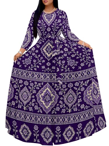 Image of Women Plus Size Long Sleeve V Neck Maxi Dress with Belt | Soft fabric relaxed fit three quarter sleeve v neck with pockets for party and daily wear