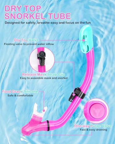 Set de snorkel para niños con máscara panorámica, snorkel seco, aletas ajustables, bolsa de malla y tapones para los oídos para edades 6-14 miniatura 4