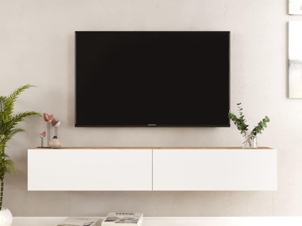 Vente-unique - Meuble TV Suspendu avec 2 Portes - Blanc et Naturel - AUBEPINA