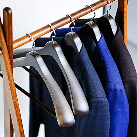 NAKATA HANGER: Made in Japan Wooden Men's Suit Hangers (5 Pieces) Smoked Brown Finish with Felt Bar SET-01 (w:430)