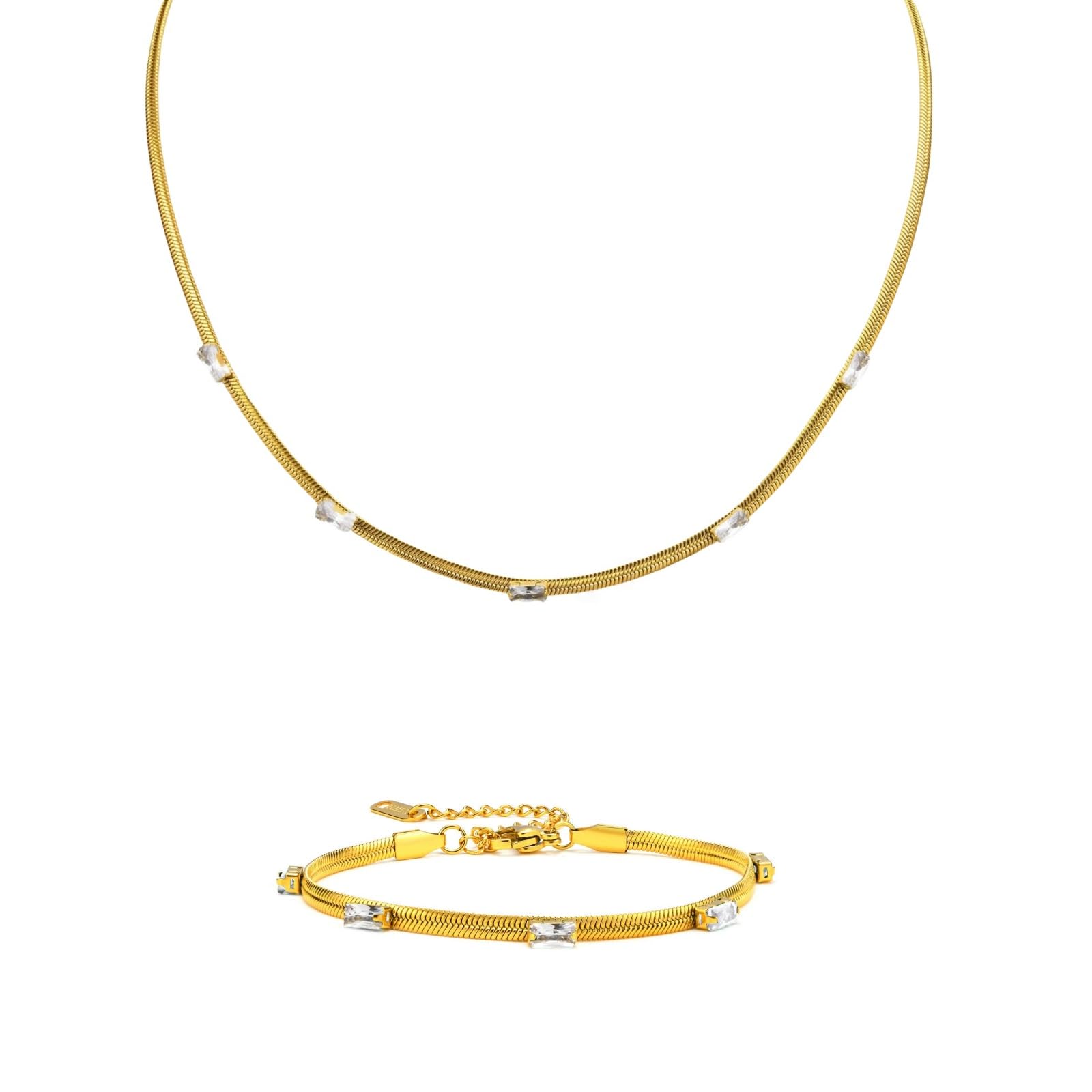 Goldfarbenes Schlangenketten-Schmuckset aus Edelstahl, Geschenk für Frauen, zarte Smaragd-Zirkonia-Akzente, Geburtstage