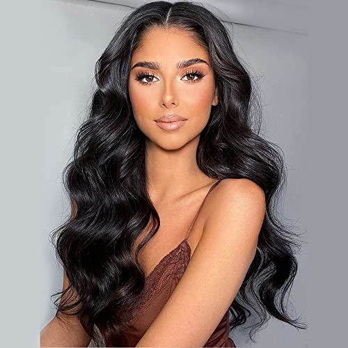 AISI QUEENS Black Wigs for Women Long Wavy Curly Synthetic Lace Front Wig Middle Part Body Wavy Hair Replacement Wigs Heat Resistant Fibers for Daily Party Use