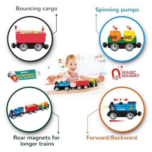 Hape Eisenbahn Güterzug - aus Holz, mit Batterieantrieb, Zubehör für Eisenbahnwelt & Holzschienen, Magnet-Zugset für Holzeisenbahnen… – Ansicht 4