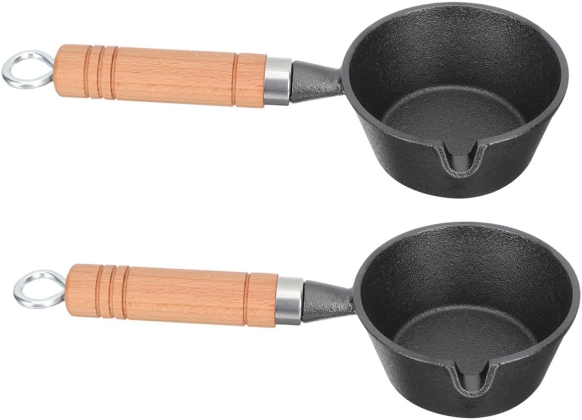 2pcs Mini Cast Iron Cooking Pot Wooden Handle Small Oil and Butter Melting Pan for Kitchen Use Sturdy Spout Sauce Pot for Melting and Heating