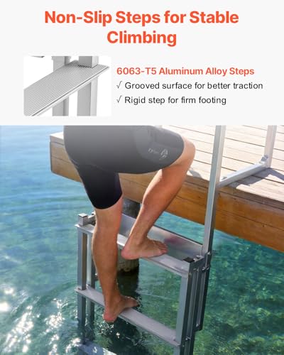 Image of VEVOR Retractable Dock Ladder, 5 Steps, Aluminum Alloy Pontoon Boat Swim Ladder with Auto-Lift Float, Non-Slip Wide Steps, Adjustable Height, 500 lbs Weight Capacity, for Lake Swimming, Pool, Boat