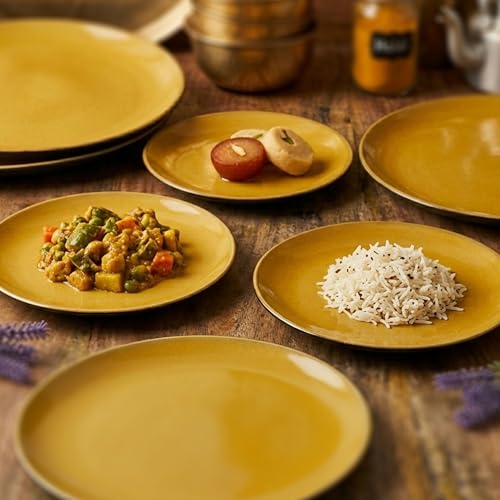 Image of The Earth Store Handcrafted Mustard Novelle Set of 6 Small Quarter Plates - Serving Platter for Snacks & Dessert Microwave and Dishwasher Safe Size 7.5 Inches | Dinner Set Gift Item