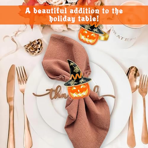 Image of Legigo Set of 12 Halloween Napkin Rings for Dinning Table Settings- Horror Scary Orange Pumpkin Black Witch Hat Napkin Holder Ring for Holiday Party Kitchen Dinner Table Decarations