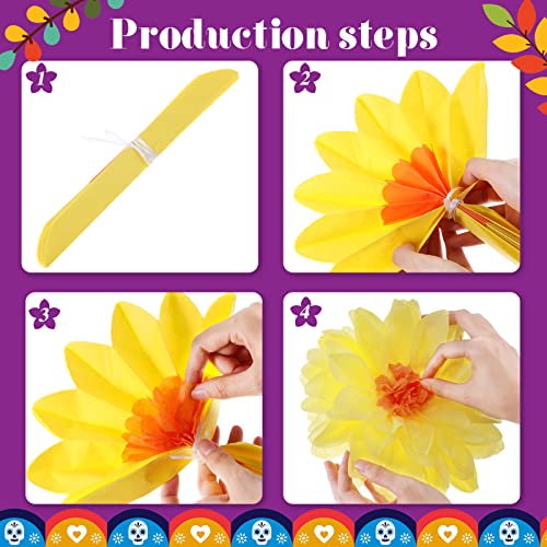 Image of Geyee 36 Pcs Mexican Paper Flowers Colorful Fiesta Tissue Paper Flowers Pom Poms Mexican Carnival for Floral Party Backdrop Wedding Birthday Party Craft (10 inch 12 inch 14 inch)