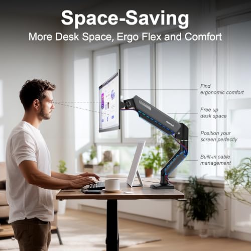 Image of NearHub Single Monitor Mount Arm for 13-32 inch Up 22 lbs Screens | VESA 75x75 /100x100 | Clamp /Grommet Base | Cable Management | Space Saving Desk Setup,180 Swivel, Tilt +90 to -45, 360Rotation