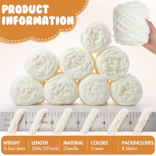 Image of Buryeah 8 Pack Chunky Chenille Yarn for Crocheting Soft Thick Fluffy Yarn for Hand Knitting Bulky Velvet Blanket Plush for Weaving DIY Crafts Each 3.5 oz 55 Yards (Cream)