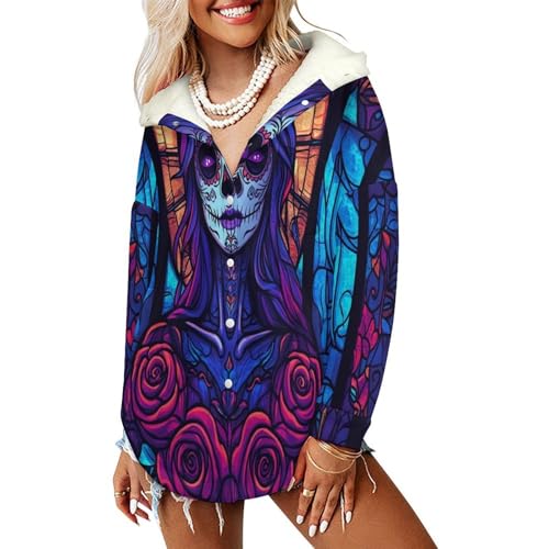 Sweat à capuche chaud femme veste polaire sherpa violette avec poches motif crâne vitrail