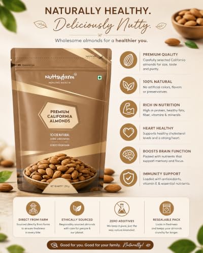 Image of Premium California Almonds, Natural Badam Dry Fruit Kernels, Crunchy Raw Nut Snack, Protein Rich Superfood, 250g (500 GRAM, PACK OF 1)