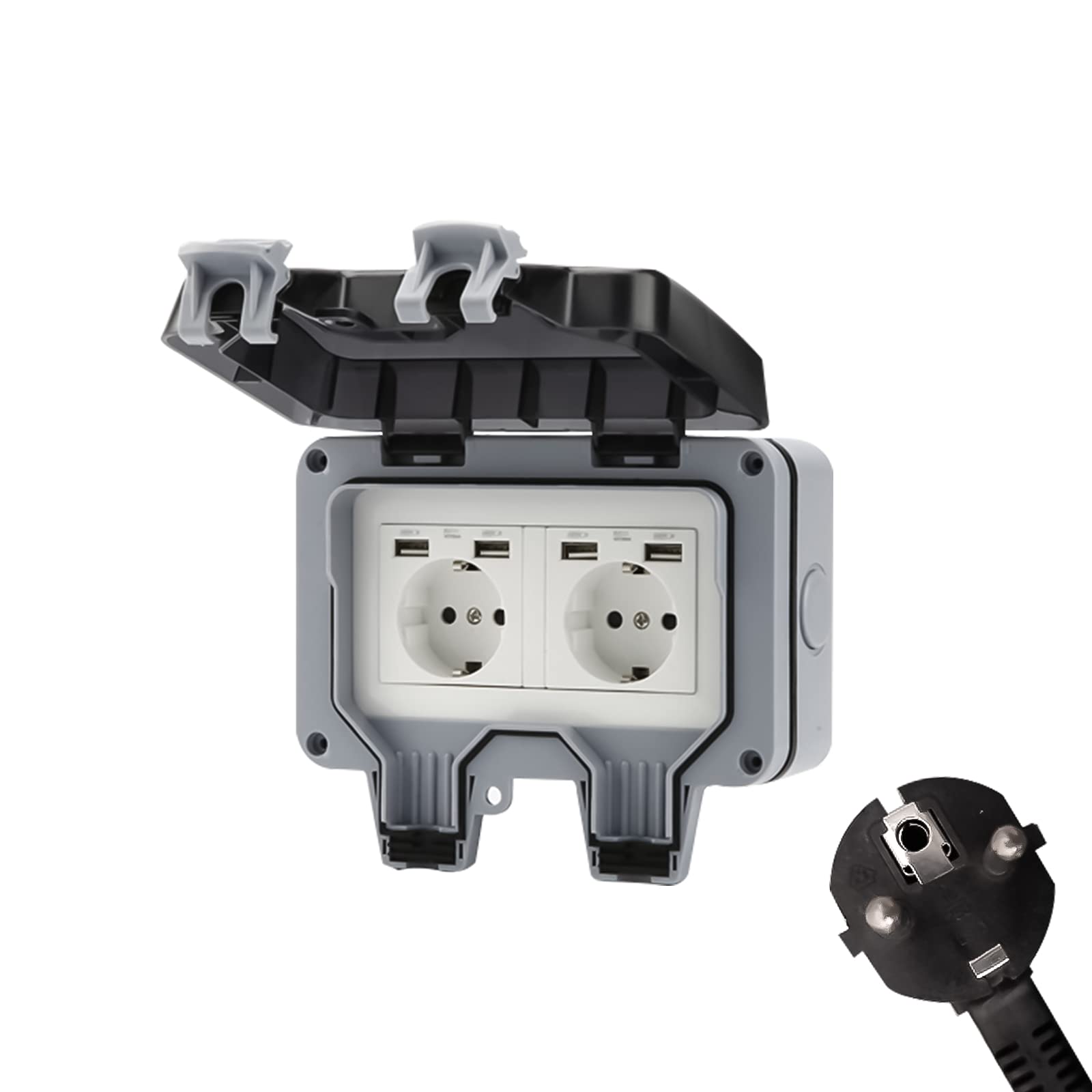 Gniazdko zewnętrzne z interfejsem USB, do użytku na zewnątrz, klasa wodoszczelności IP66, do użytku na zewnątrz, z klapką (bez kabla)