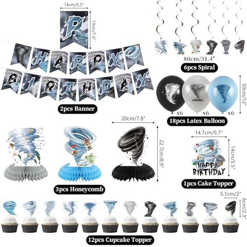 Image of Tornado Birthday Party Decorations - Tornado Party Supplies including Happy Birthday Banner, Spirals, Cake Toppers, Table Centerpieces, Balloons, Tablecloth (LQ)