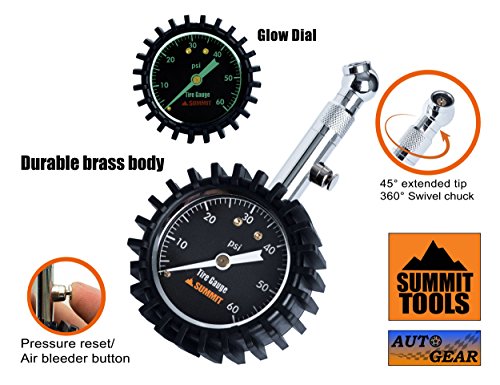 Summit Tools Tire Pressure Gauge with Glow Dial, 0 to 60 PSI, Hold Valve, 10 in. Flexible Hose, Pressure Bleeding Button, Rubber Head Cover. Automobile Accessory